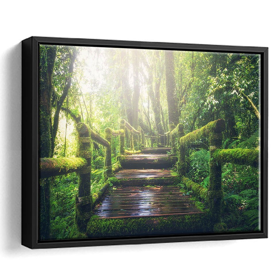 Bamboo Bridge Over The River in Tropical Forest, Bamboo Forest Framed Canvas Prints Wall Art Decor, Black Floating Frame