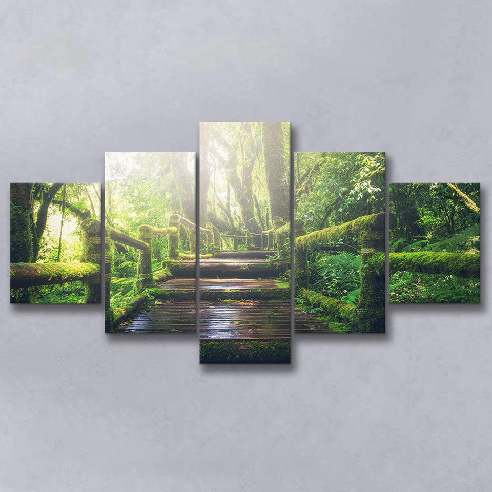 Bamboo Bridge Over The River in Tropical Forest, Bamboo Forest Multi Panels,Canvas Prints Wall Art Home Decor