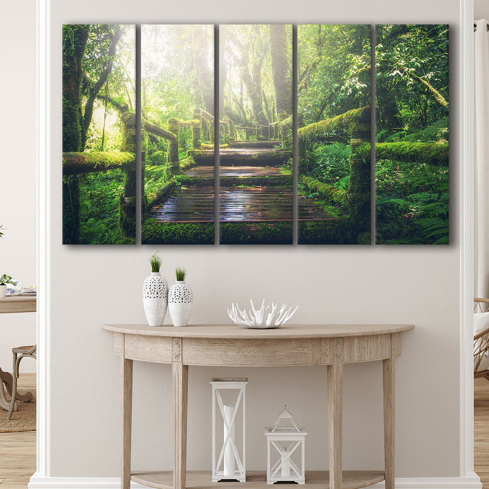 Bamboo Bridge Over The River in Tropical Forest, Bamboo Forest 5 Panels B,Large Canvas,Canvas Prints Wall Art Home Decor
