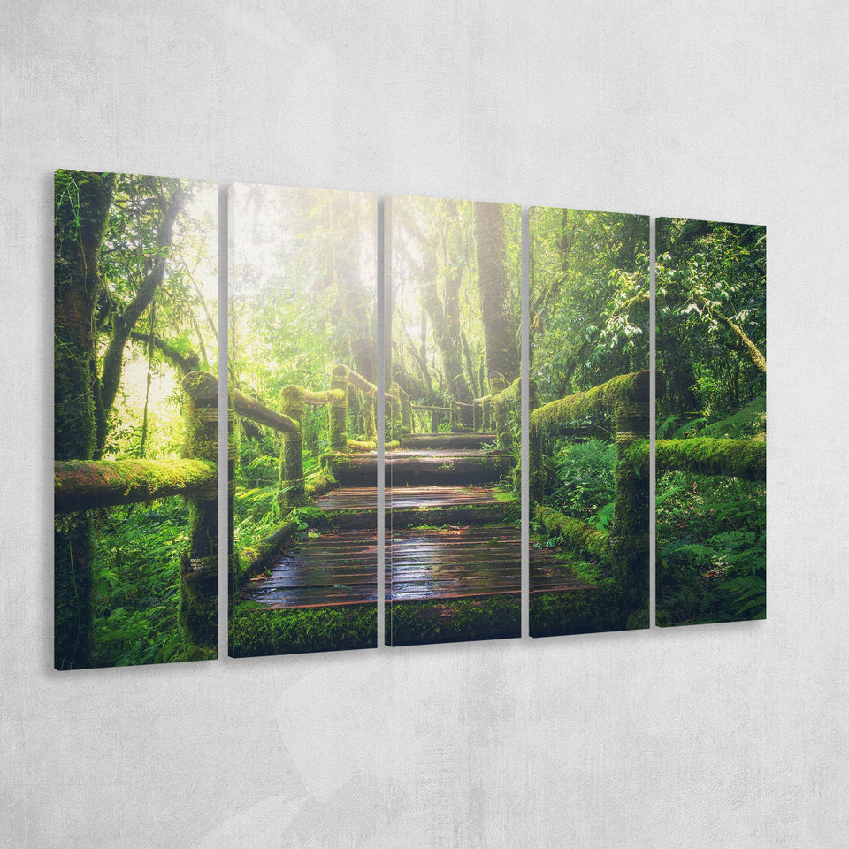 Bamboo Bridge Over The River in Tropical Forest, Bamboo Forest 5 Panels B,Large Canvas,Canvas Prints Wall Art Home Decor