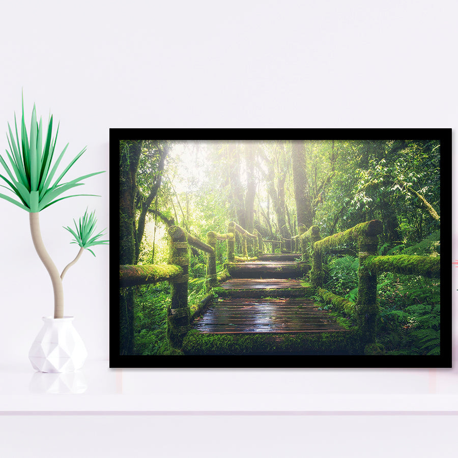 Bamboo Bridge Over The River in Tropical Forest, Bamboo Forest Framed Art Prints Wall Art Decor,Black Frame, Ready to hang