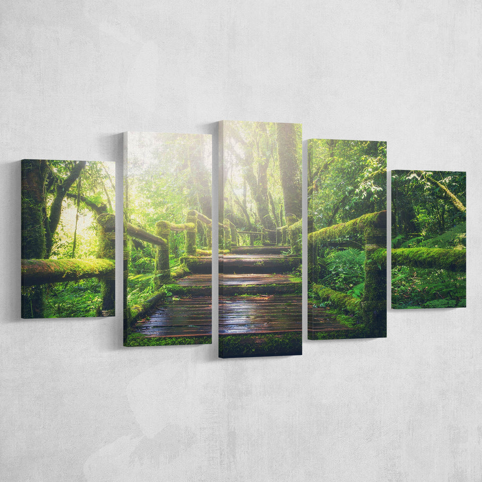 Bamboo Bridge Over The River in Tropical Forest, Bamboo Forest Multi Panels,Canvas Prints Wall Art Home Decor