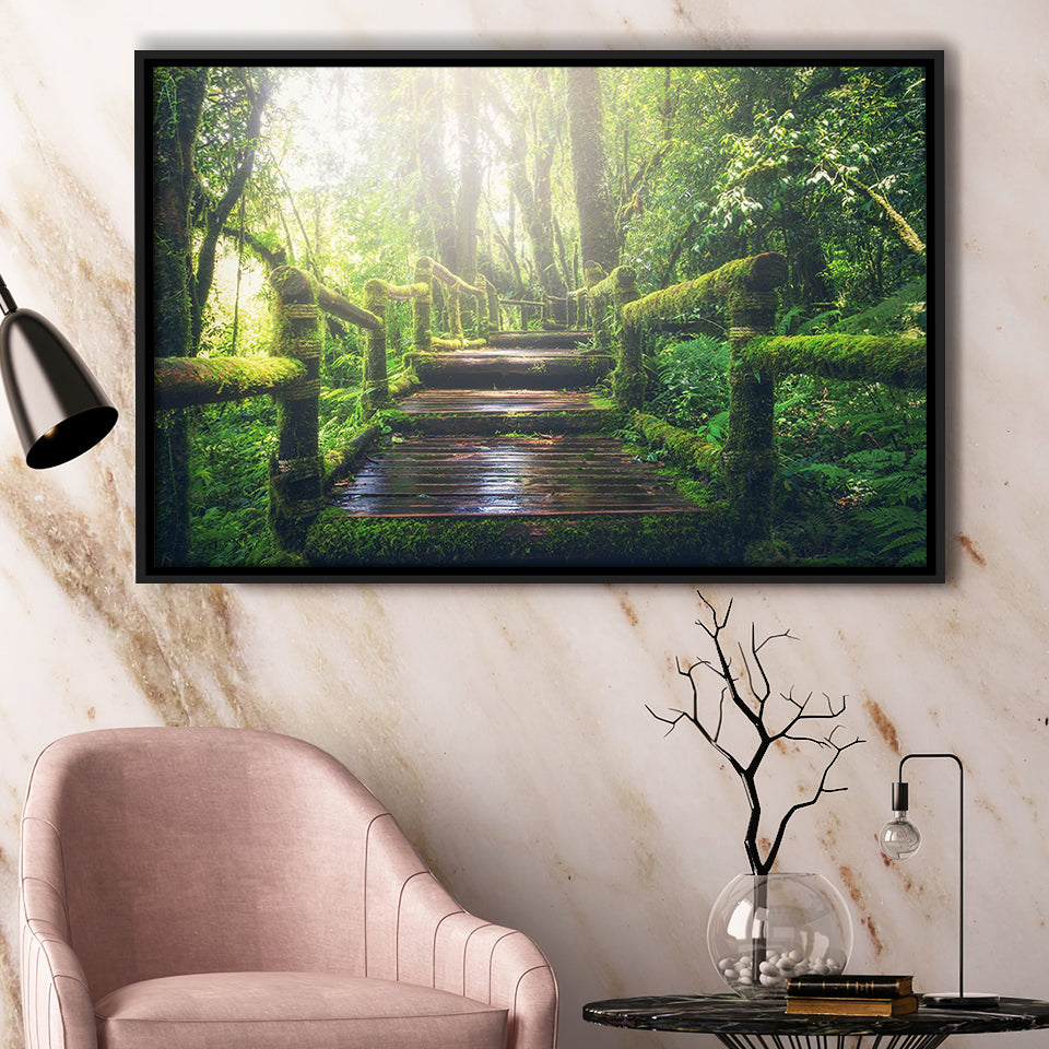 Bamboo Bridge Over The River in Tropical Forest, Bamboo Forest Framed Canvas Prints Wall Art Decor, Black Floating Frame