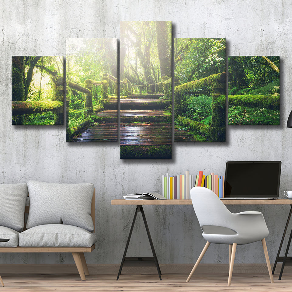 Bamboo Bridge Over The River in Tropical Forest, Bamboo Forest Multi Panels,Canvas Prints Wall Art Home Decor