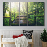 Bamboo Bridge Over The River in Tropical Forest, Bamboo Forest 5 Panels B,Large Canvas,Canvas Prints Wall Art Home Decor