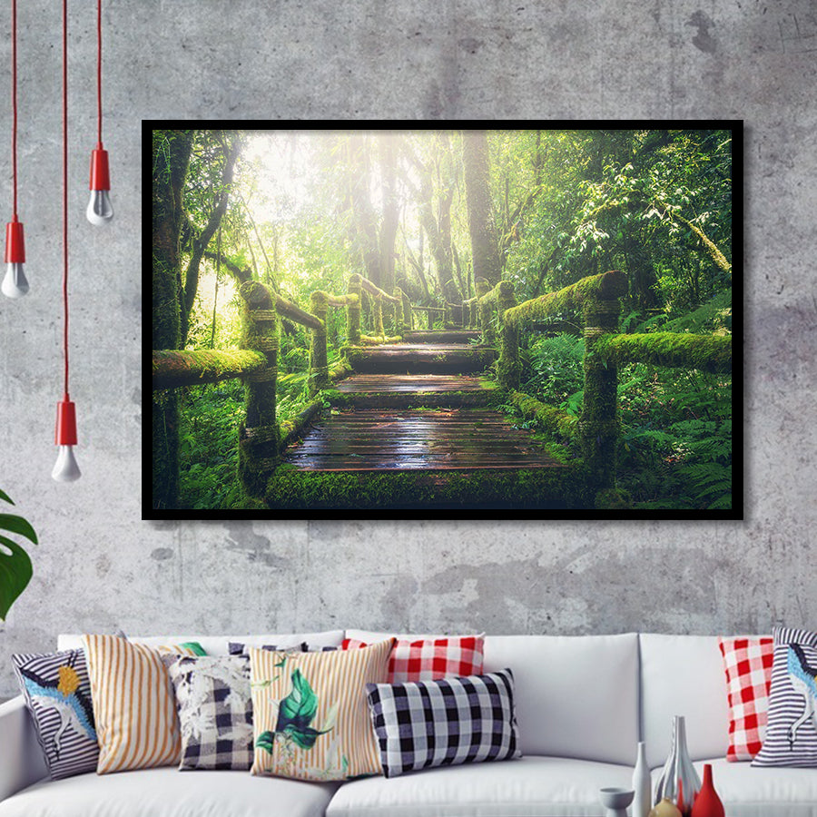 Bamboo Bridge Over The River in Tropical Forest, Bamboo Forest Framed Art Prints Wall Art Decor,Black Frame, Ready to hang