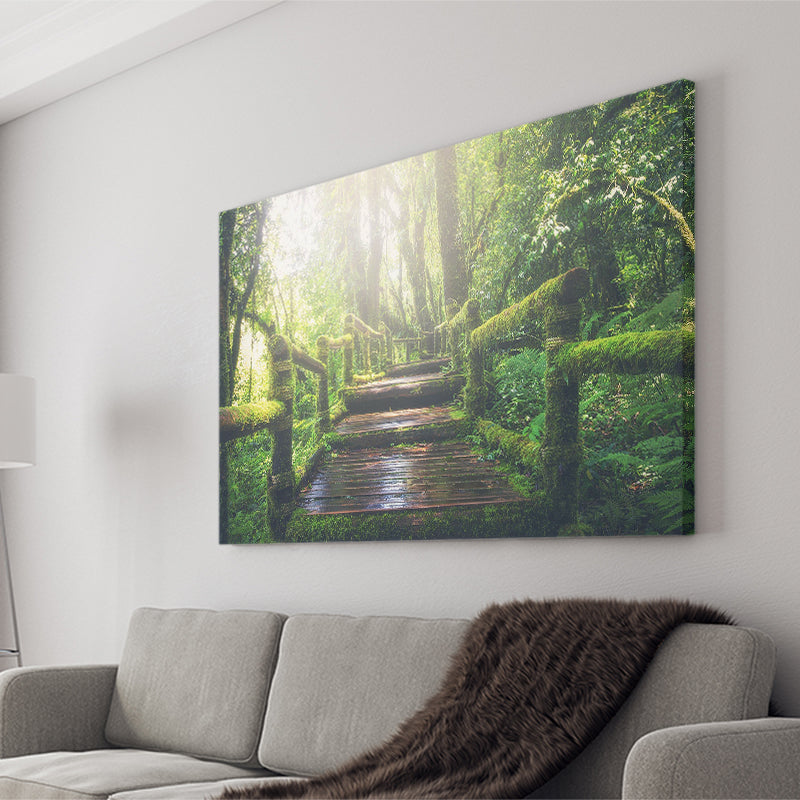 Bamboo Bridge Over The River in Tropical Forest, Bamboo Forest Canvas Prints Wall Art Decor - Painting Canvas, Ready to hang
