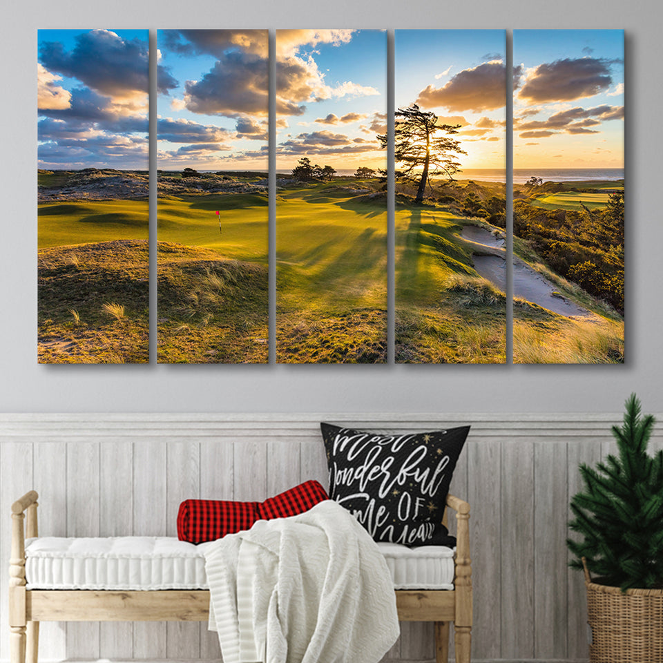 Bandon Preserve Golf Course Hole 11 Sunset 2, 5 Panels Extra Large Canvas Prints Wall Art Decor