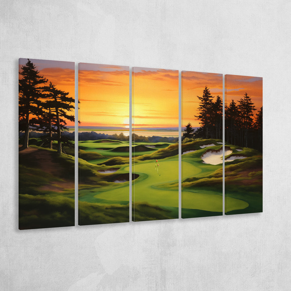 Bandon Preserve Golf Course Sunset Painting,5 Panel Extra Large Canvas Prints Wall Art Decor