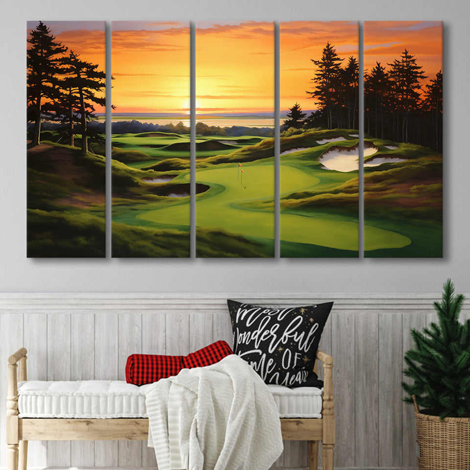 Bandon Preserve Golf Course Sunset Painting,5 Panel Extra Large Canvas Prints Wall Art Decor