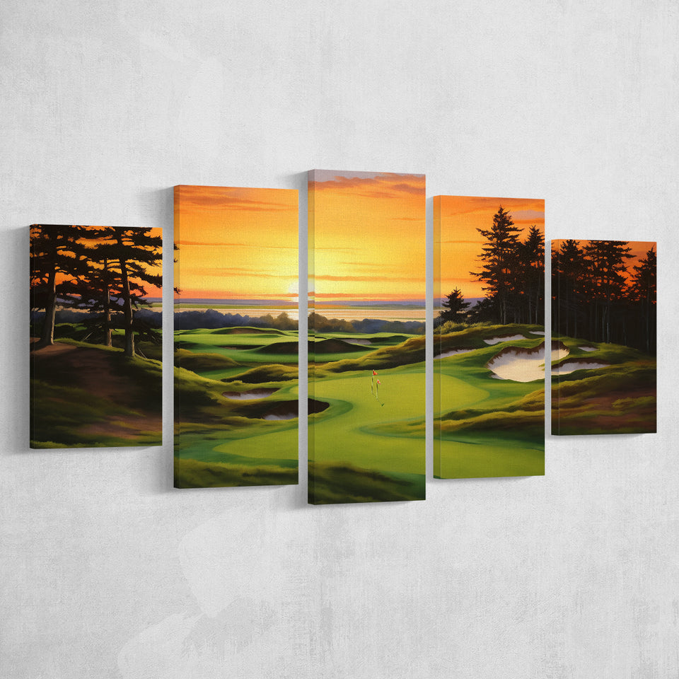 Bandon Preserve Golf Course Sunset Painting Mixed 5 Panel Large Canvas Prints Wall Art Decor