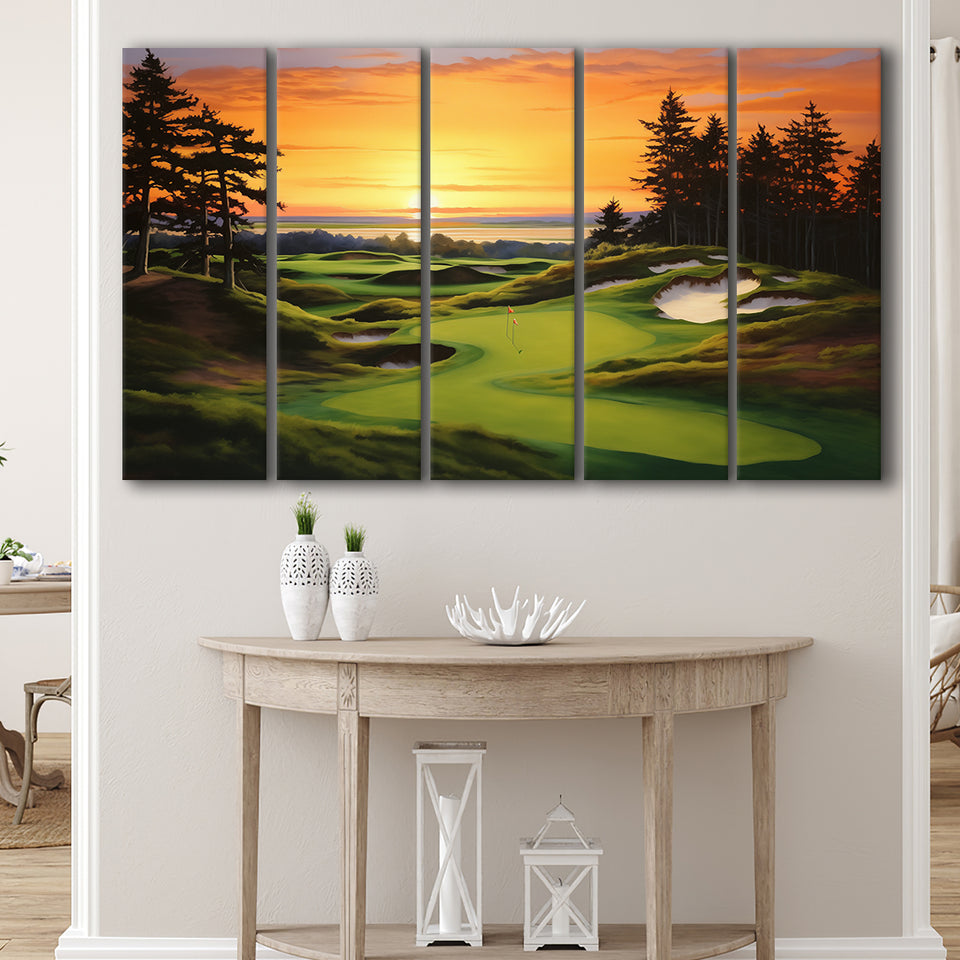 Bandon Preserve Golf Course Sunset Painting,5 Panel Extra Large Canvas Prints Wall Art Decor