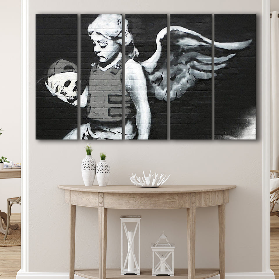 Banksy Angel Skull Street Art, 5 Panel B Canvas Prints Wall Art, Extra Large Canvas Decor