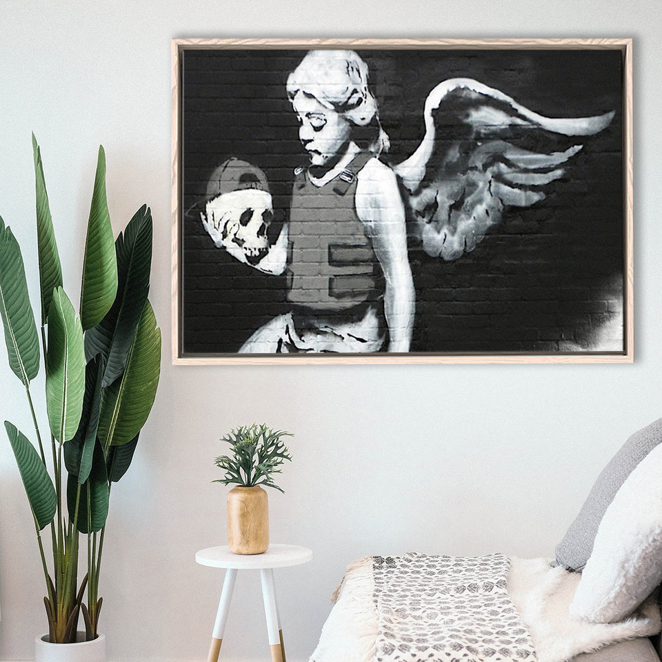 Banksy Angel Skull Street Art Framed Canvas Prints Wall Art, Floating Frame, Large Canvas Home Decor