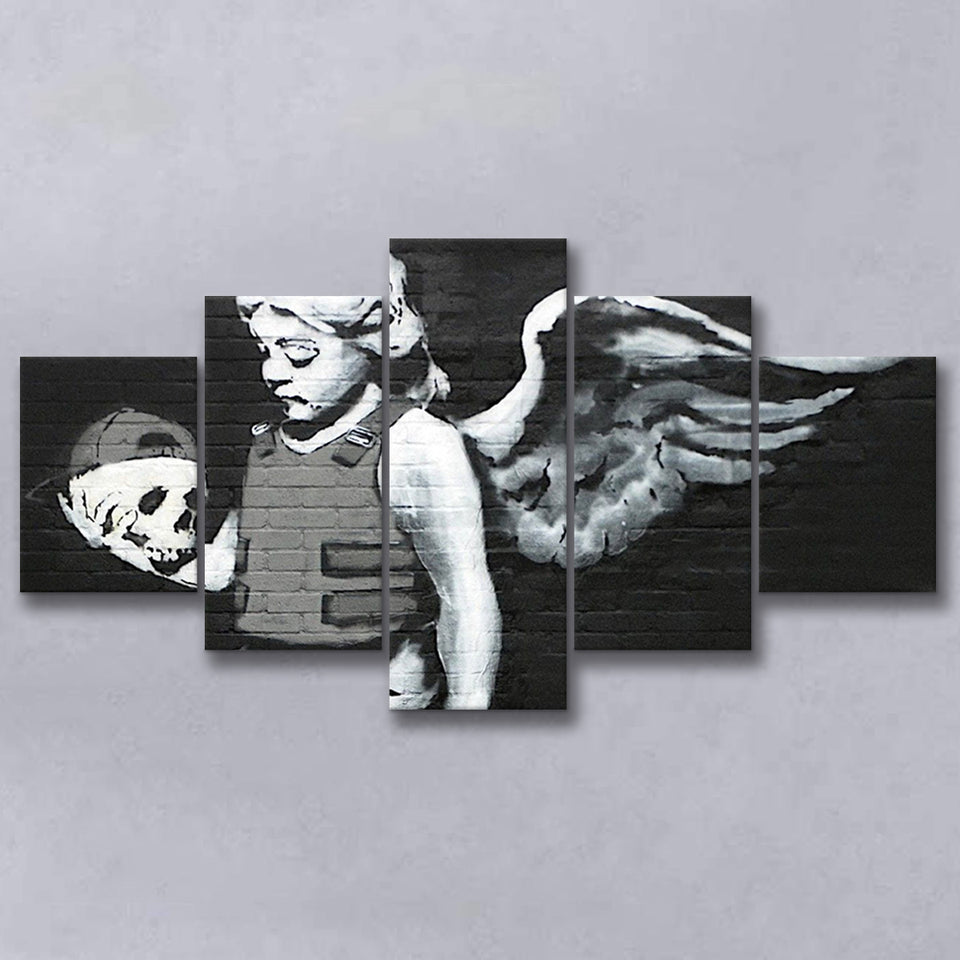 Banksy Angel Skull Street Art, 5 Panel Canvas Prints Wall Art,Mixed Canvas, Large Canvas
