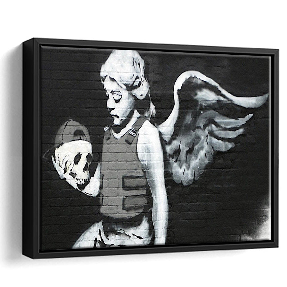 Banksy Angel Skull Street Art Framed Canvas Prints Wall Art, Floating Frame, Large Canvas Home Decor