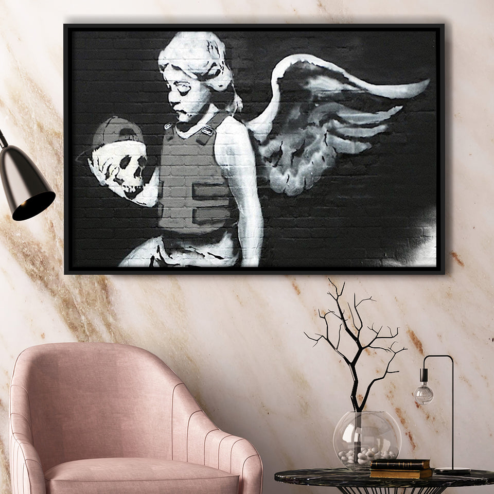 Banksy Angel Skull Street Art Framed Canvas Prints Wall Art, Floating Frame, Large Canvas Home Decor