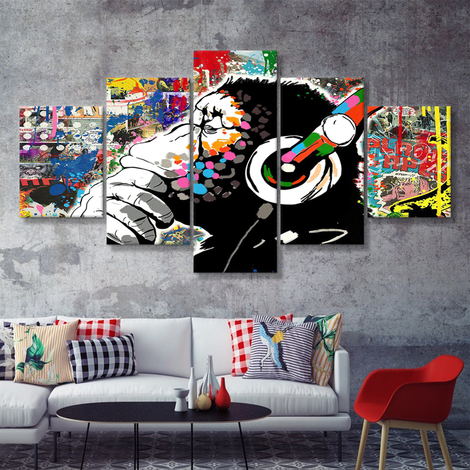 Banksy Canvas Dj Monkey Chimp Graffiti 5 Pieces Canvas Prints Wall Art - Painting Canvas, Multi Panel