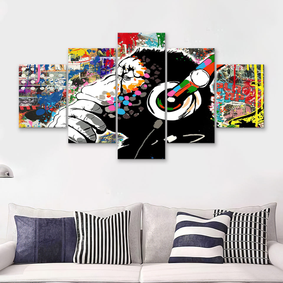 Banksy Canvas Dj Monkey Chimp Graffiti 5 Pieces Canvas Prints Wall Art - Painting Canvas, Multi Panel