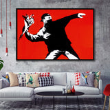 Banksy Flower Thrower Red Background Framed Canvas Prints Wall Art Home Decor,Floating Frame