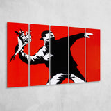 Banksy Flower Thrower Red Background Larger Canvas Art, 5 Piece Canvas Prints Wall Art Decor