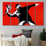 Banksy Flower Thrower Red Background Larger Canvas Art, 5 Piece Canvas Prints Wall Art Decor
