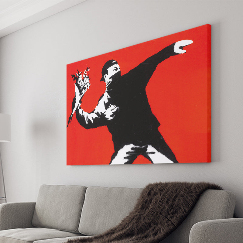 Banksy Flower Thrower Red Background Canvas Prints Wall Art Home Decor