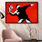 Banksy Flower Thrower Red Background Framed Canvas Prints Wall Art Home Decor,Floating Frame