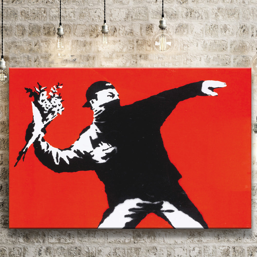 Banksy Flower Thrower Red Background Canvas Prints Wall Art Home