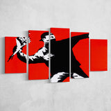 Banksy Flower Thrower Red Background 5 Panels, Canvas Prints Wall Art Decor, Large Canvas Art