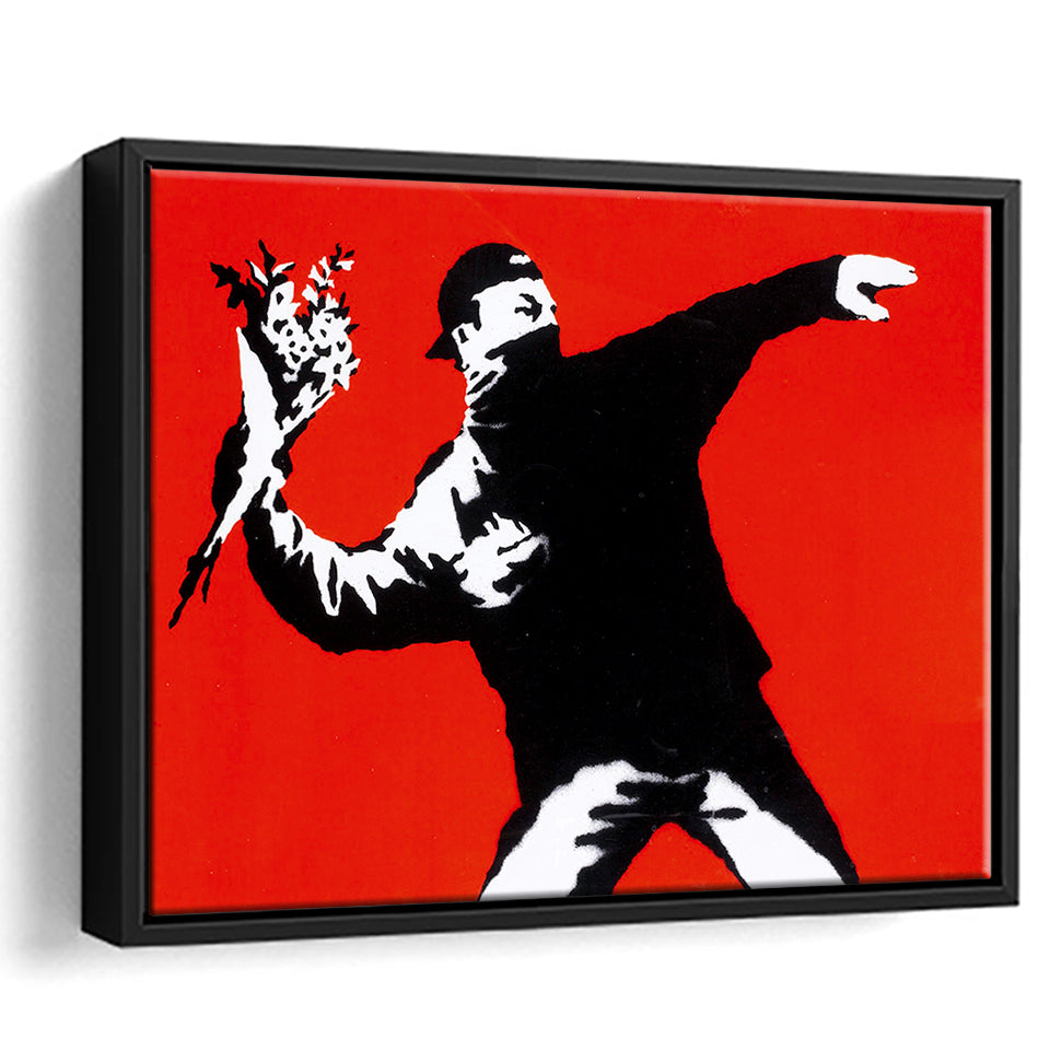 Banksy Flower Thrower Red Background Framed Canvas Prints Wall Art Home Decor,Floating Frame