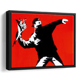 Banksy Flower Thrower Red Background Framed Canvas Prints Wall Art Home Decor,Floating Frame