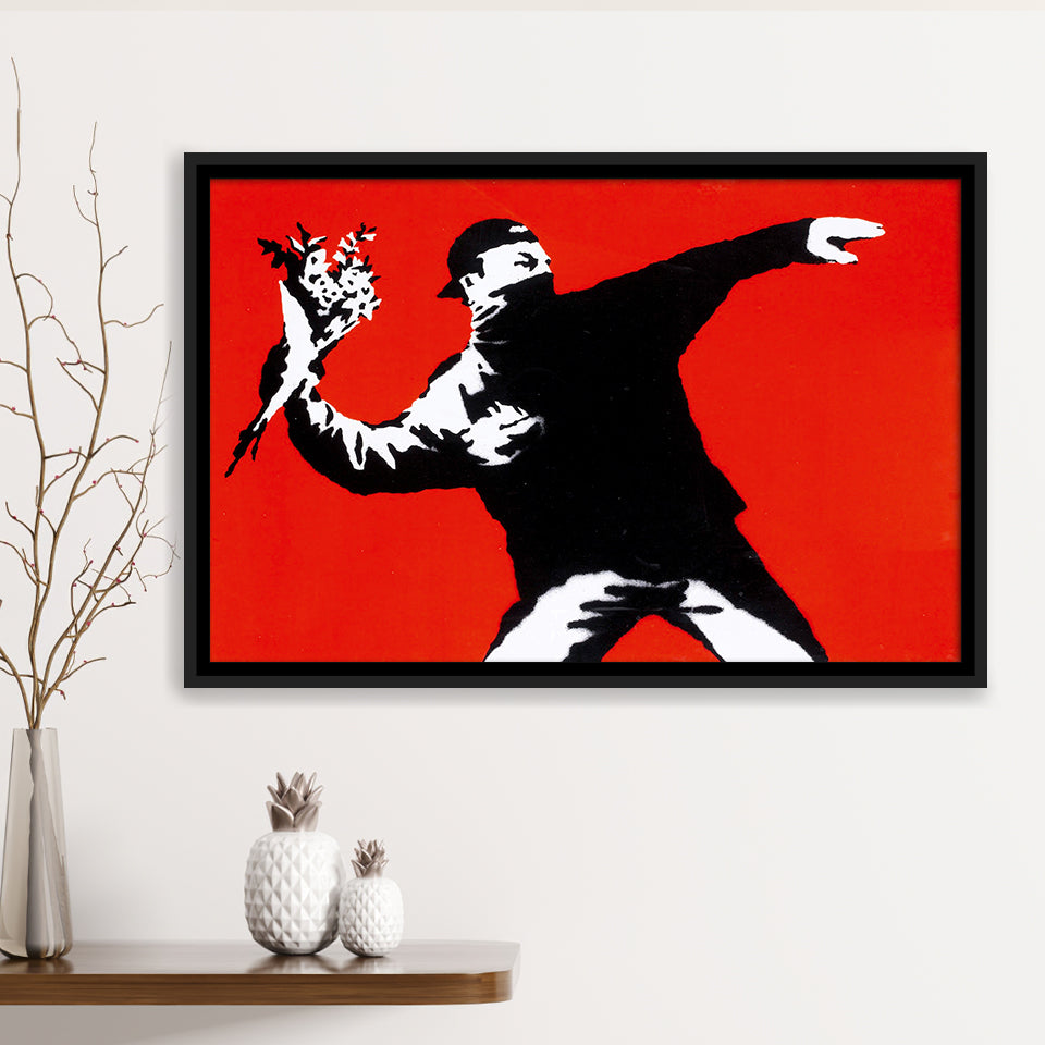 Banksy Flower Thrower Red Background Framed Canvas Prints Wall Art Home Decor,Floating Frame