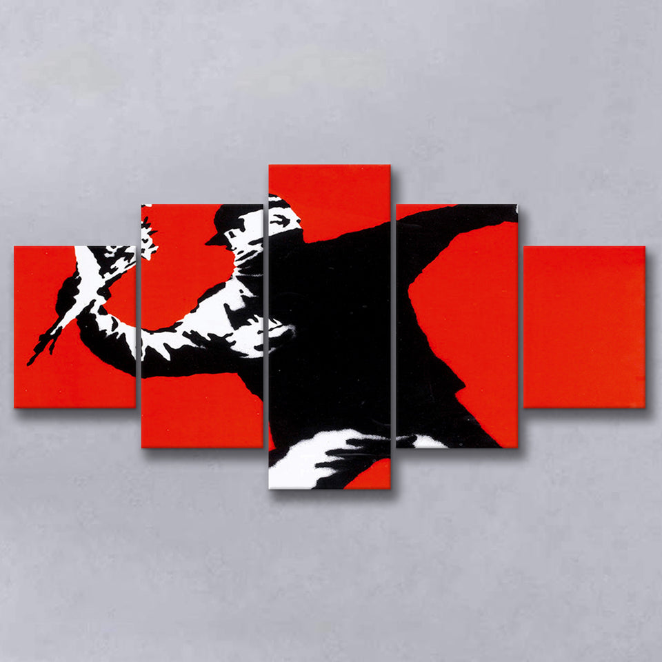 Banksy Flower Thrower Red Background 5 Panels, Canvas Prints Wall Art Decor, Large Canvas Art