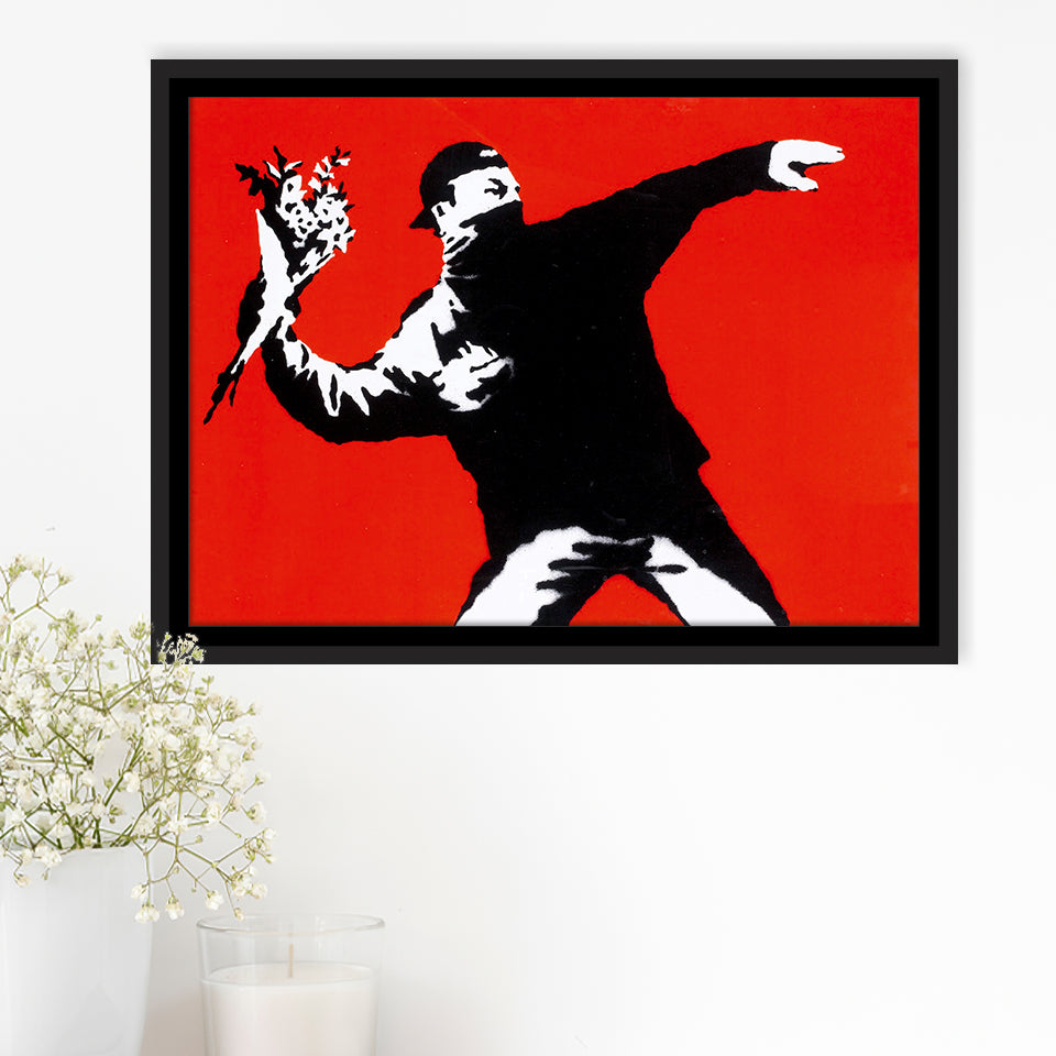 Banksy Flower Thrower Red Background Framed Canvas Prints Wall Art Home Decor,Floating Frame