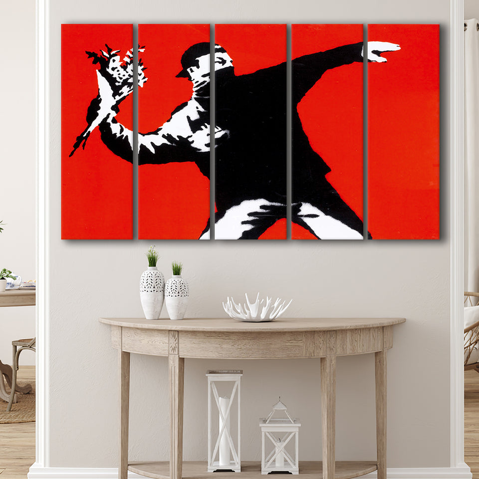 Banksy Flower Thrower Red Background Larger Canvas Art, 5 Piece Canvas Prints Wall Art Decor