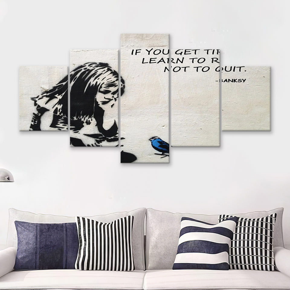 Banksy Girl With Blue Bird Inspirational Quote 5 Pieces Canvas Prints Wall Art - Painting Canvas,Multi Panel,Wall Decor