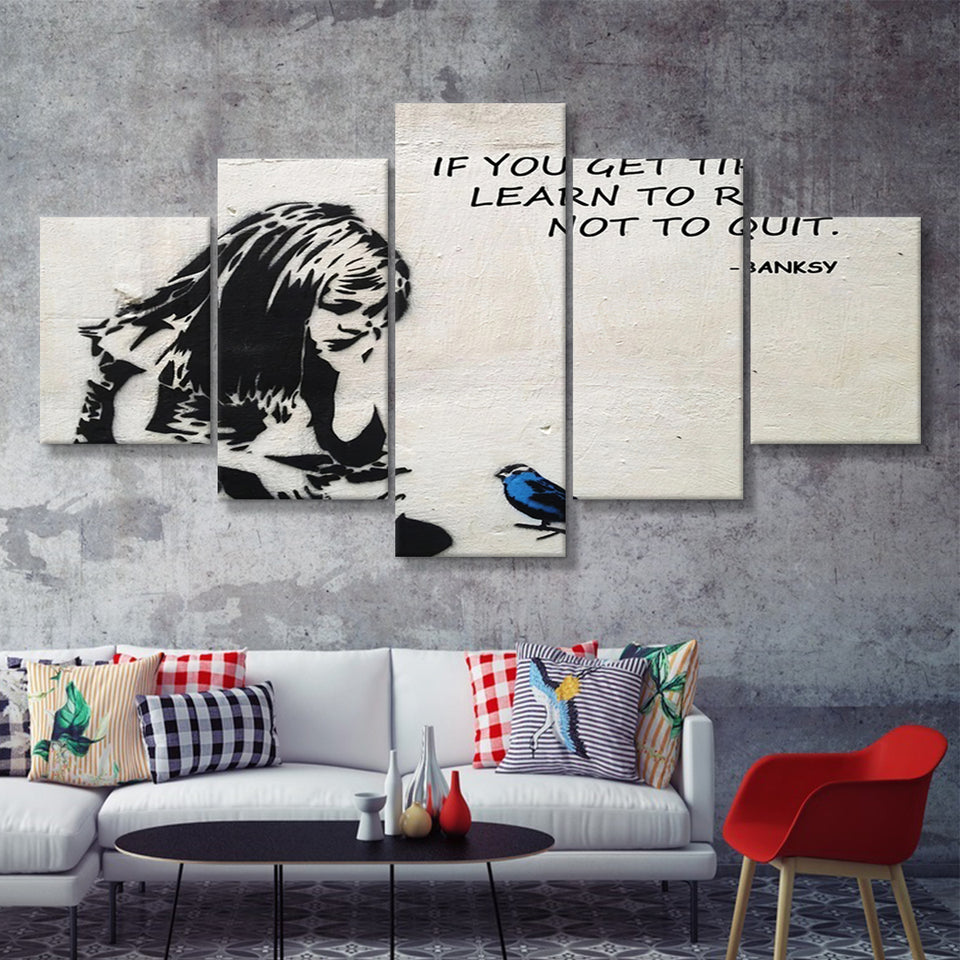Banksy Girl With Blue Bird Inspirational Quote 5 Pieces Canvas Prints Wall Art - Painting Canvas,Multi Panel,Wall Decor
