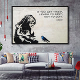 Banksy Girl With Blue Bird Inspirational Quote Framed Canvas Prints Wall Art - Painting Canvas, Wall Decor,Canvas Art,Floating Frame
