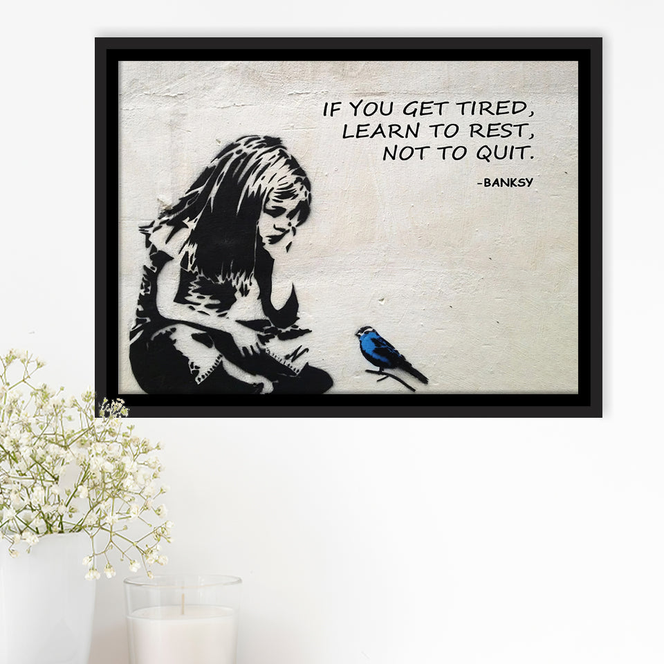 Banksy Girl With Blue Bird Inspirational Quote Framed Canvas Prints Wall Art - Painting Canvas, Wall Decor,Canvas Art,Floating Frame