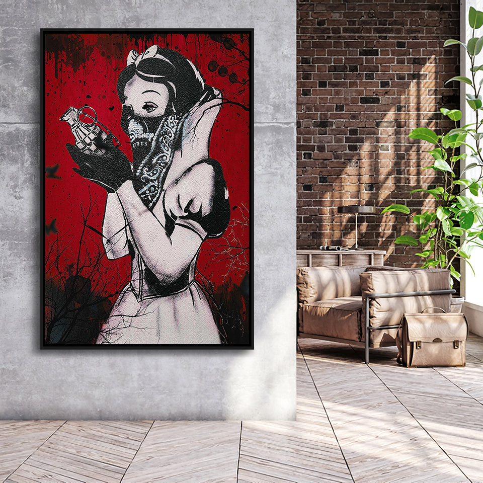 Banksy Graffiti Snow White Grenade Art Framed Canvas Prints Wall Art, Floating Frame, Large Canvas Home Decor