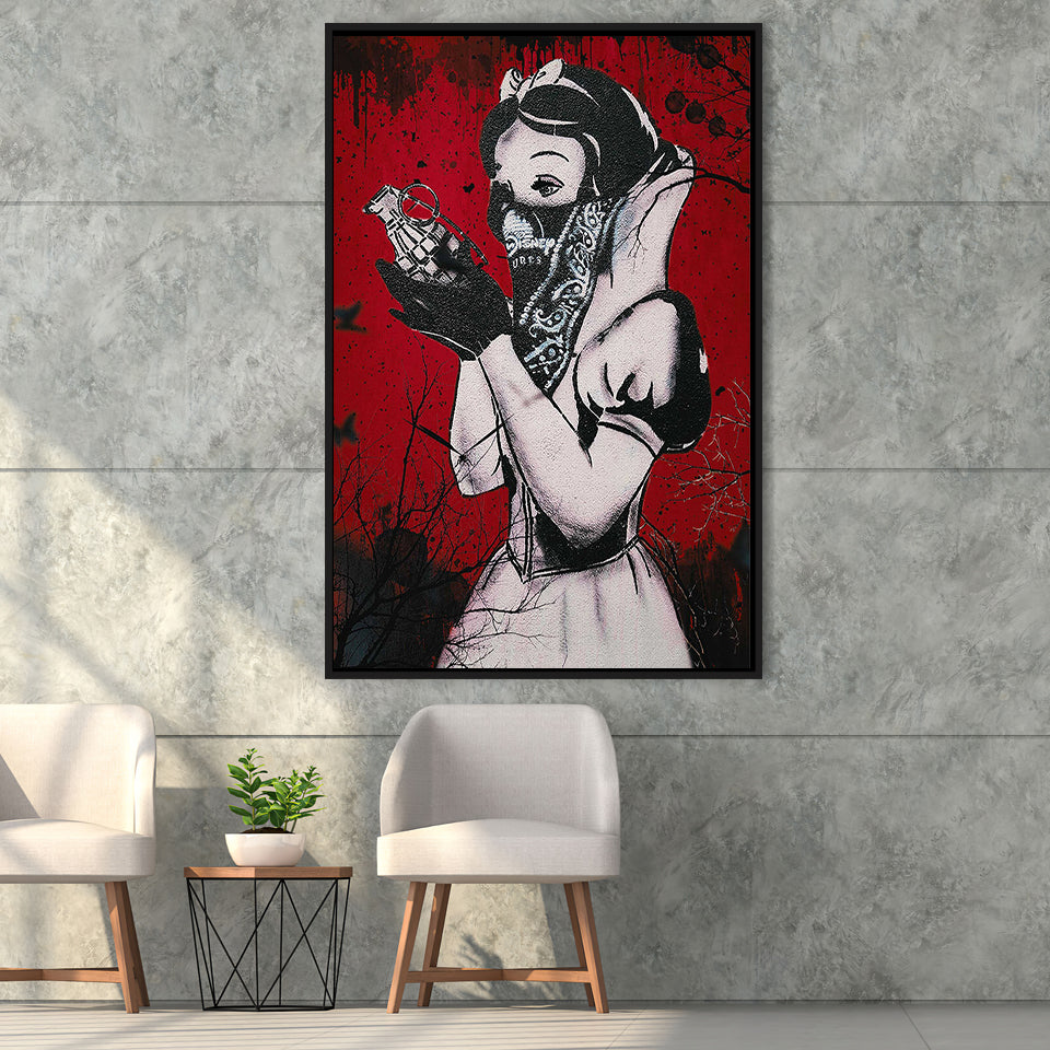 Banksy Graffiti Snow White Grenade Art Framed Canvas Prints Wall Art, Floating Frame, Large Canvas Home Decor