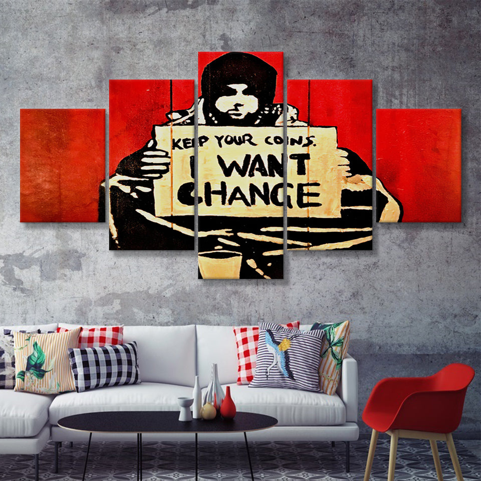 Banksy Keep Your Coins I Want Change 5 Pieces Canvas Prints Wall Art - Painting Canvas,Wall Decor, Multi Panel,5 Panels
