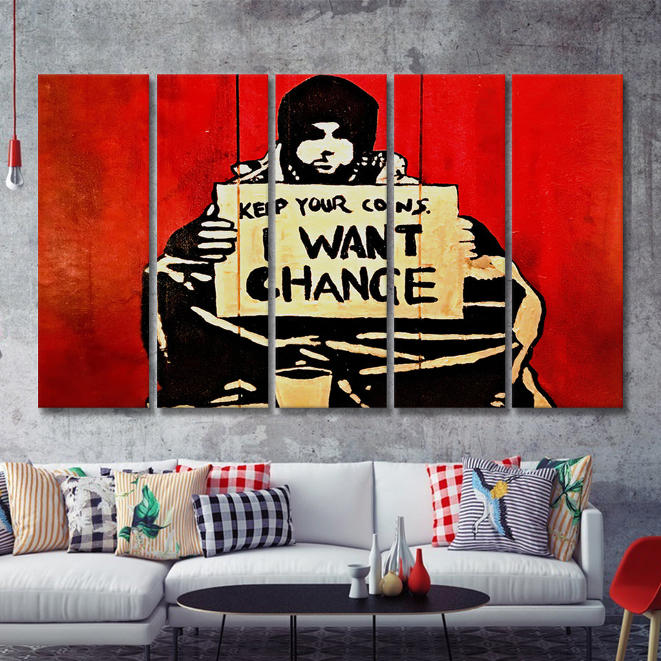 Banksy Keep Your Coins I Want Change 5 Pieces B Canvas Prints Wall Art - Painting Canvas,Wall Decor, Multi Panel,5 Panels