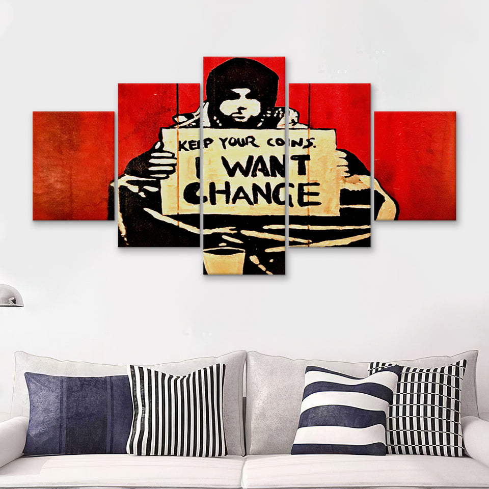 Banksy Keep Your Coins I Want Change 5 Pieces Canvas Prints Wall Art - Painting Canvas,Wall Decor, Multi Panel,5 Panels