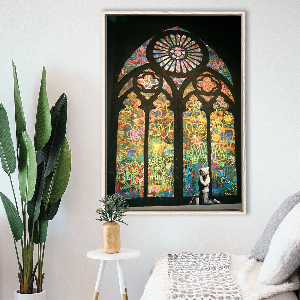 Banksy Kirchenfenster Canvas Motivational Framed Canvas Prints Wall Art, Floating Frame, Large Canvas Home Decor