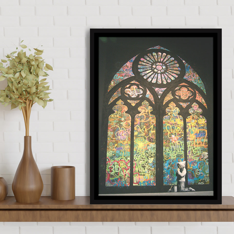 Banksy Kirchenfenster Canvas Motivational Framed Canvas Prints Wall Art, Floating Frame, Large Canvas Home Decor