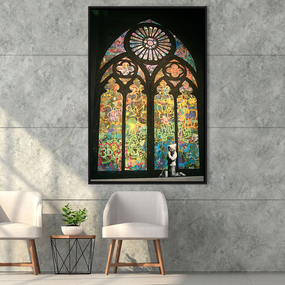 Banksy Kirchenfenster Canvas Motivational Framed Canvas Prints Wall Art, Floating Frame, Large Canvas Home Decor