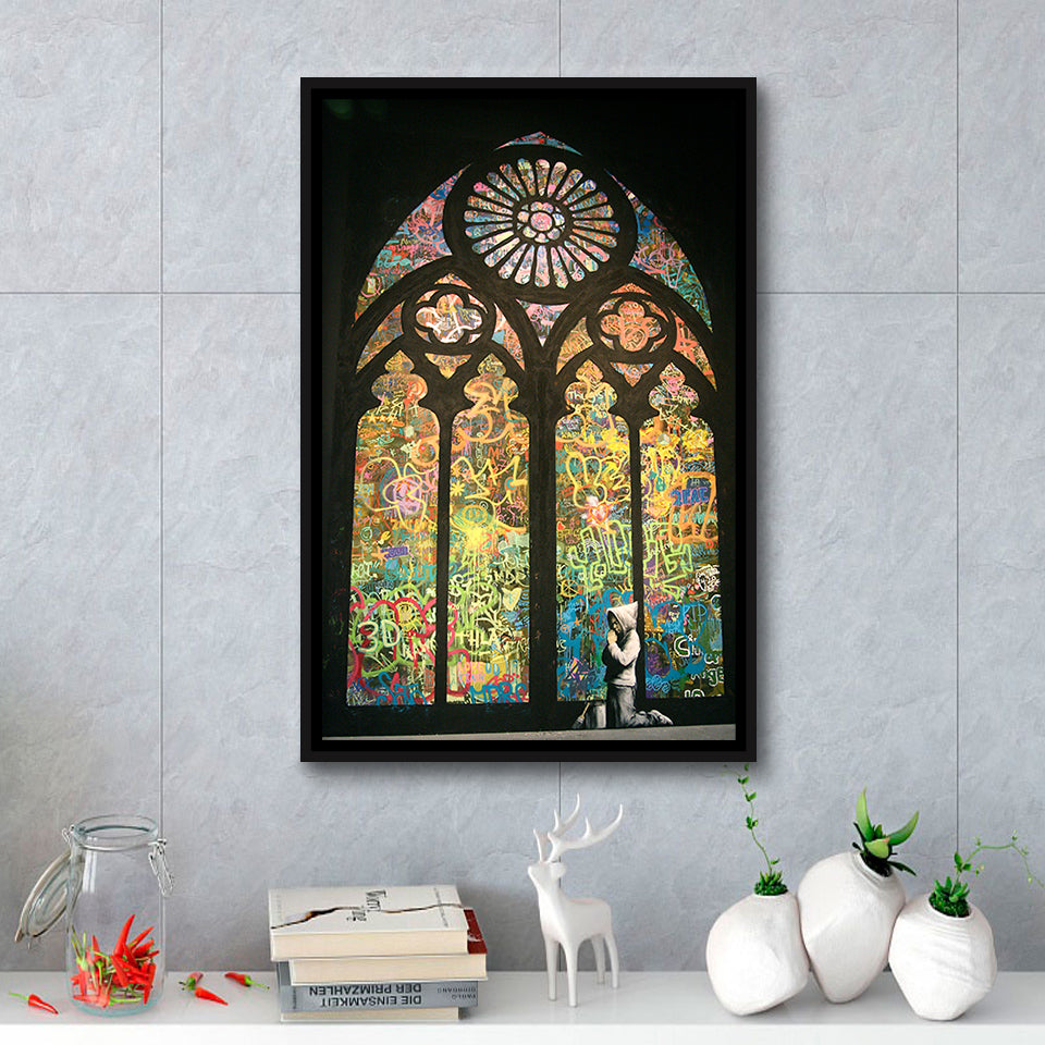 Banksy Kirchenfenster Canvas Motivational Framed Canvas Prints Wall Art, Floating Frame, Large Canvas Home Decor