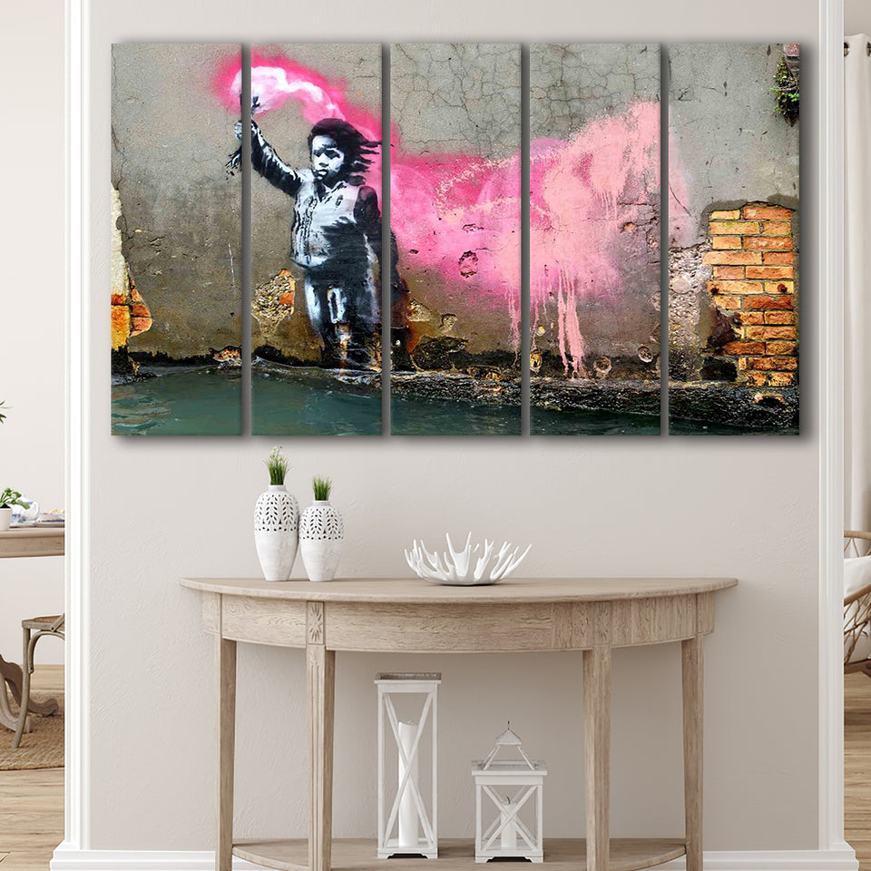 Banksy Migrant Child, Street Art Larger Canvas Art, 5 Piece Canvas Prints Wall Art Decor